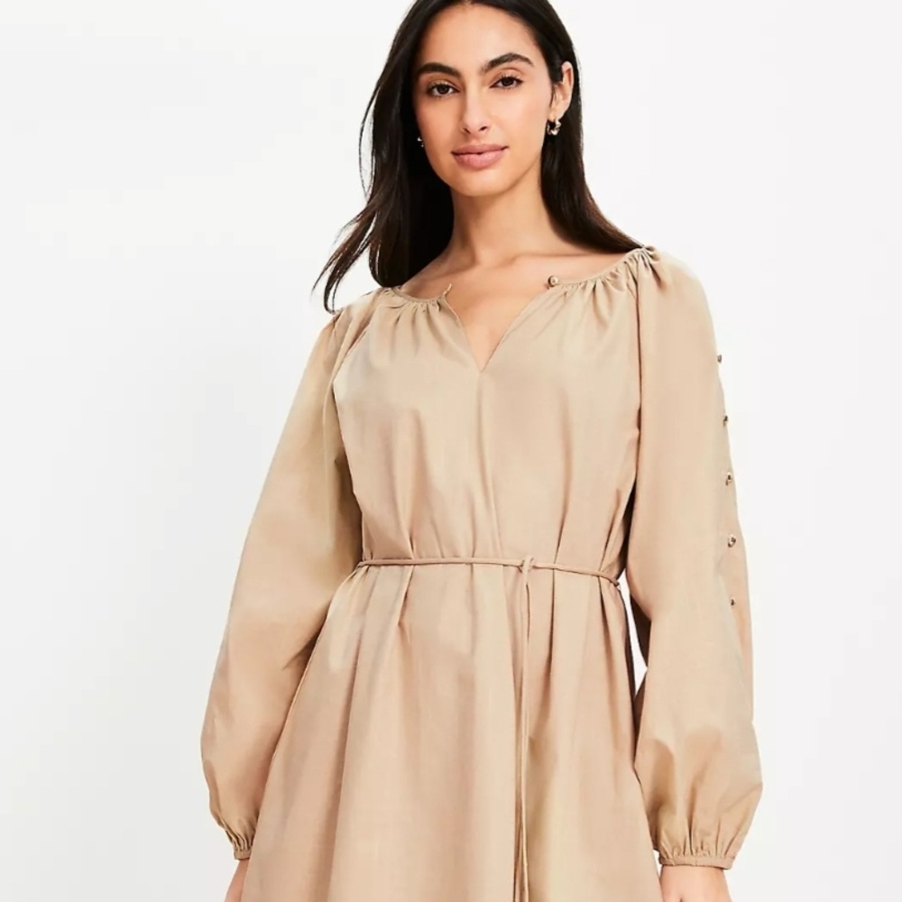 LOFT Beige Button-Sleeve Tie-Waist Long Sleeve Dress